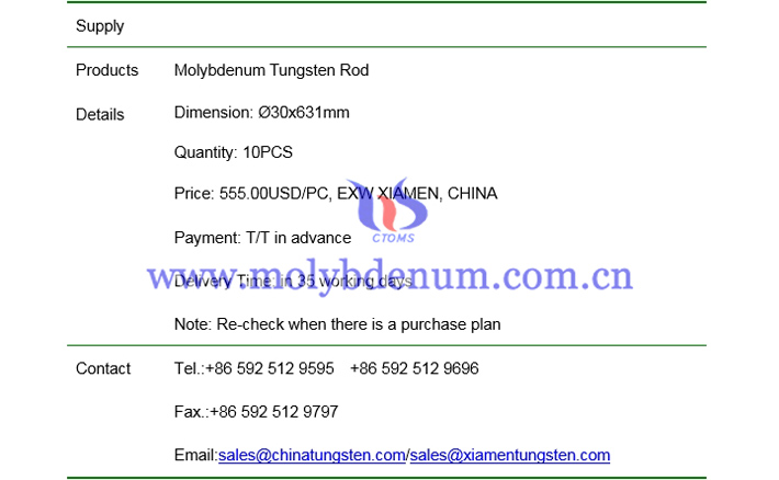 molybdenum tungsten rod price picture